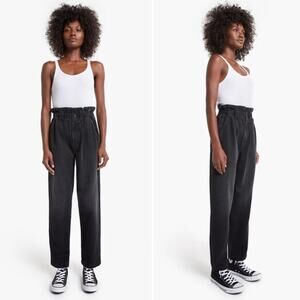 MOTHER The Yoyo Ruffle Greaser High Rise Paperbag Ankle Straight Jeans Blackout